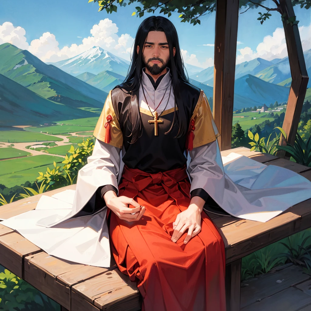 A man with long hair, thick beard, Tibetan dress, straight-faced photo. meditating, under a tree, on a high mountain, behind are mountains big and small as far as the eye can see, calm, heal the mind. , Sitting cross-legged
