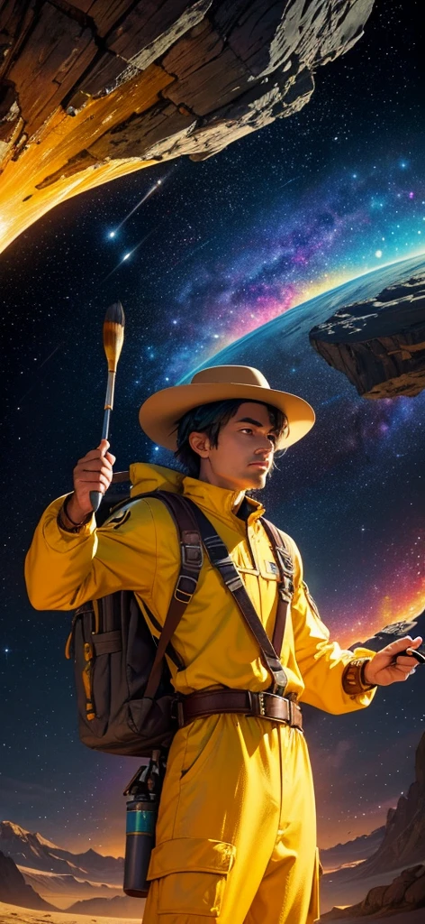 Generate an image of an adventurer man wearing yellow clothes and holding a paintbrush and palette. Equip him with an adventurer-like hat and backpack, adding to his adventurous appearance. Set him in an unconventional and fantastical world, such as a surreal dreamscape where colors swirl and merge into fantastic shapes, or a cosmic landscape where stars and galaxies become part of his artistic canvas. Infuse the image with elements of wonder and creativity, showcasing his adventurous spirit and artistic vision in a unique and captivating environment. Capture the essence of exploration and imagination, creating a visually stunning and imaginative scene.