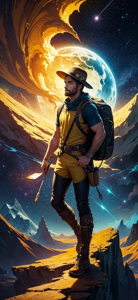 Generate an image of an adventurer man wearing yellow clothes and holding a paintbrush and palette. Equip him with an adventurer-like hat and backpack, adding to his adventurous appearance. Set him in an unconventional and fantastical world, such as a surreal dreamscape where colors swirl and merge into fantastic shapes, or a cosmic landscape where stars and galaxies become part of his artistic canvas. Infuse the image with elements of wonder and creativity, showcasing his adventurous spirit and artistic vision in a unique and captivating environment. Capture the essence of exploration and imagination, creating a visually stunning and imaginative scene.