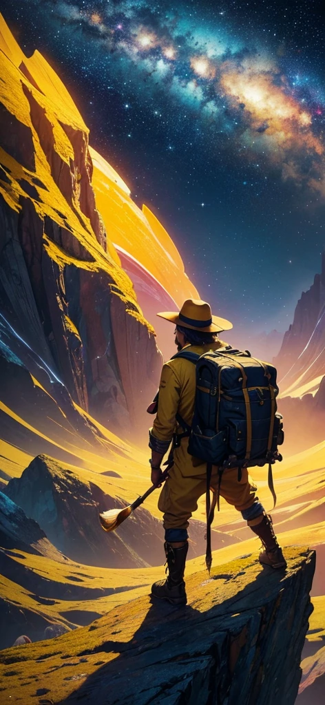Generate an image of an adventurer man wearing yellow clothes and holding a paintbrush and palette. Equip him with an adventurer-like hat and backpack, adding to his adventurous appearance. Set him in an unconventional and fantastical world, such as a surreal dreamscape where colors swirl and merge into fantastic shapes, or a cosmic landscape where stars and galaxies become part of his artistic canvas. Infuse the image with elements of wonder and creativity, showcasing his adventurous spirit and artistic vision in a unique and captivating environment. Capture the essence of exploration and imagination, creating a visually stunning and imaginative scene.