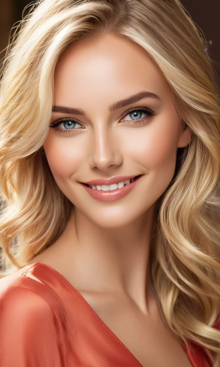 A portrait of a beautiful woman with the following features:
- Bright blonde hair, styled either straight or in waves
- Large, expressive eyes with natural makeup and emphasized with eyeliner and mascara
- High cheekbones and a well-defined nose, giving a sculpted and exotic appearance
- Healthy, bronze-colored skin
- Wearing stylish fashion, mixing casual and elegant elements
- A bright, friendly smile