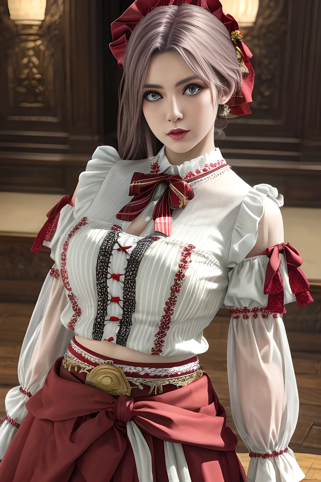1girl,wearing a traditional-style outfit with a rich historical and folk-inspired aesthetic. Her white blouse features ruffled details and intricate embroidery, with red and white striped sleeves and ribbon embellishments on the upper arms. The red skirt is adorned with pleats and lace trims, and a brown belt with floral decorations and tassels wraps around her waist, adding a touch of authenticity to the look. The overall outfit exudes a sense of timeless charm and cultural heritage, ,beautiful detailed eyes, beautiful detailed lips, extremely detailed eyes and face, long eyelashes, (best quality,4k,8k,highres,masterpiece:1.2), ultra-detailed, (realistic,photorealistic,photo-realistic:1.37), sharp focus, vivid colors, HDR, studio lighting, physically-based rendering,elise