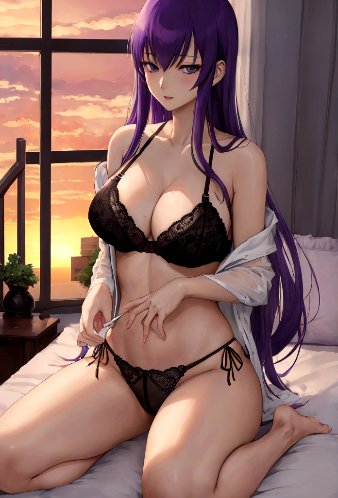 Busujima Saeko, lace thong, through thong, lace bra, pechos grandes, through bra, bedroom, front, atardecer, de pie