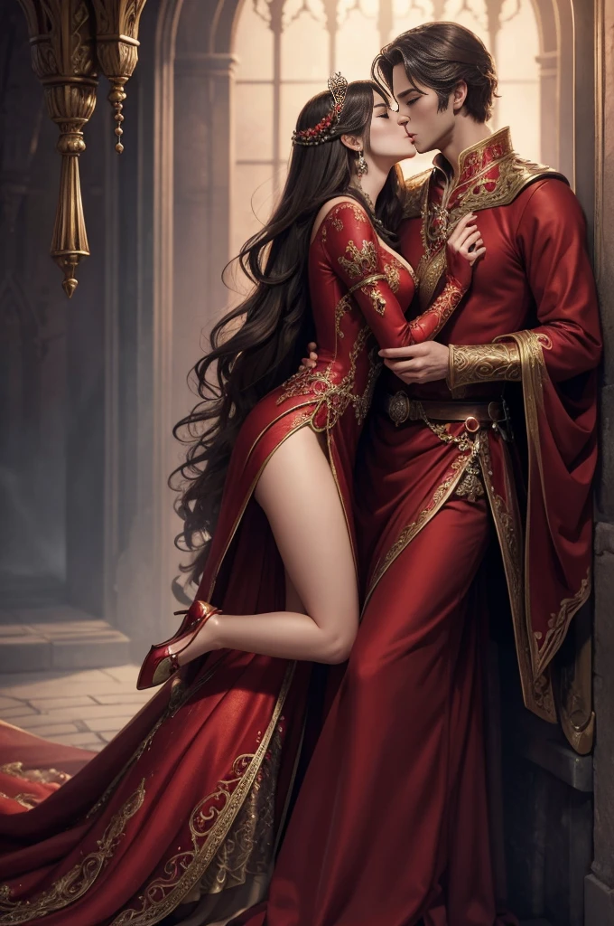 Fantasy illustration of a princess in a red dress, handsome prince, ethereal, detailed, highres, romantic, fantasy, detailed dress, love, intricate details, magical atmosphere,couple, couple, sensual, sultry, kissing