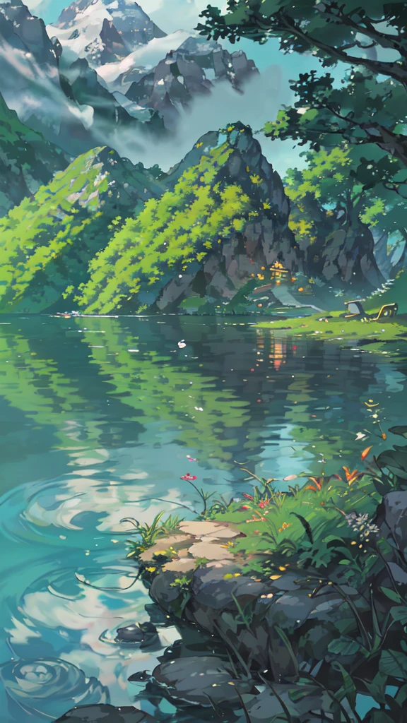 China, spring, jungle, lake, cave, Fall, Tree, grassland, rock, deer, hot spring, water vapor, (illustration: 1.0), Epic Composition, Realistic lighting, High-resolution details, masterpiece, best quality, (Highly detailed CG Unity 8k wallpaper)