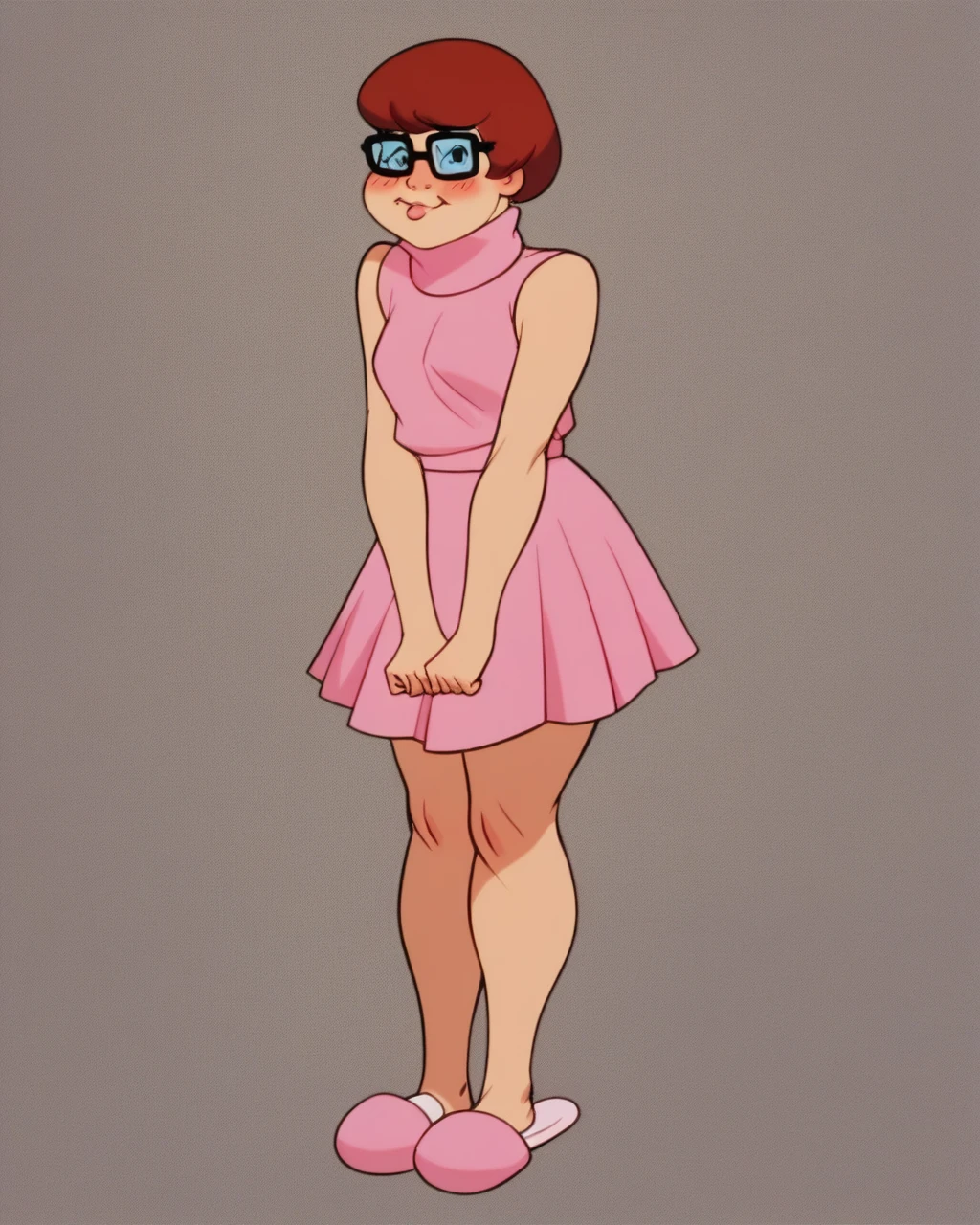 velmaXL, pink tutu dress, pink sleeveless top, white panties, shy, blushing cheeks, standing, posing, pink slippers