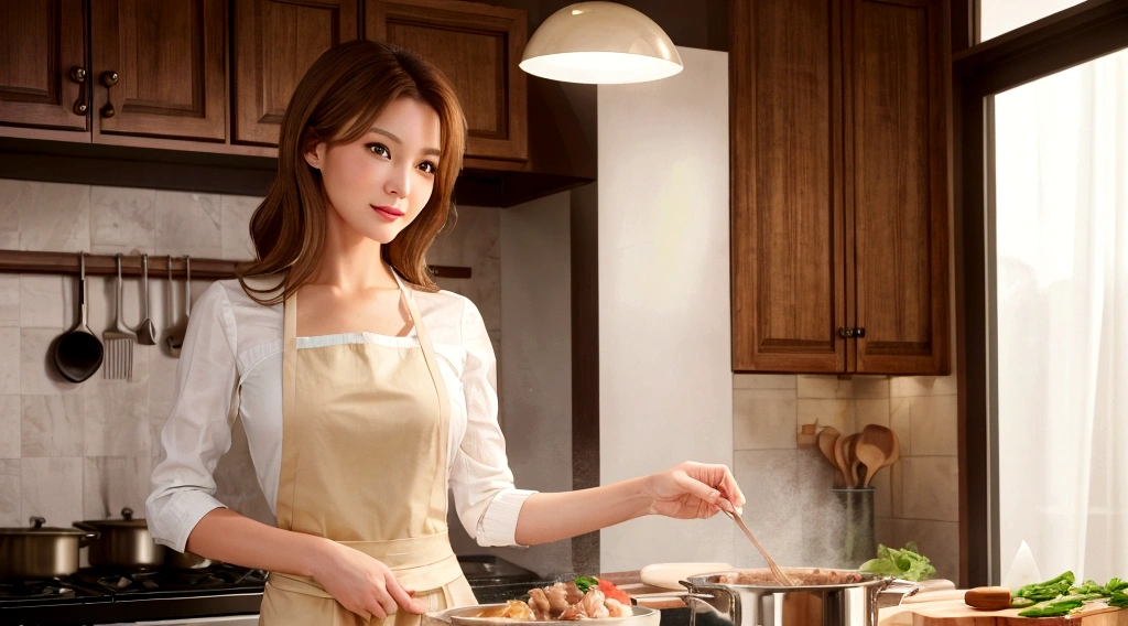 (Best quality, High resolution, Masterpiece :1.3), A pretty woman, Slender figure, Light brown hair, A woman happily cooking, A woman is cooking a hotpot by herself, Stylish clothes and an apron, (Cooking in a Western-style kitchen, a bright kitchen), Highly detailed face and skin texture, Detailed eyes, Double eyelid
