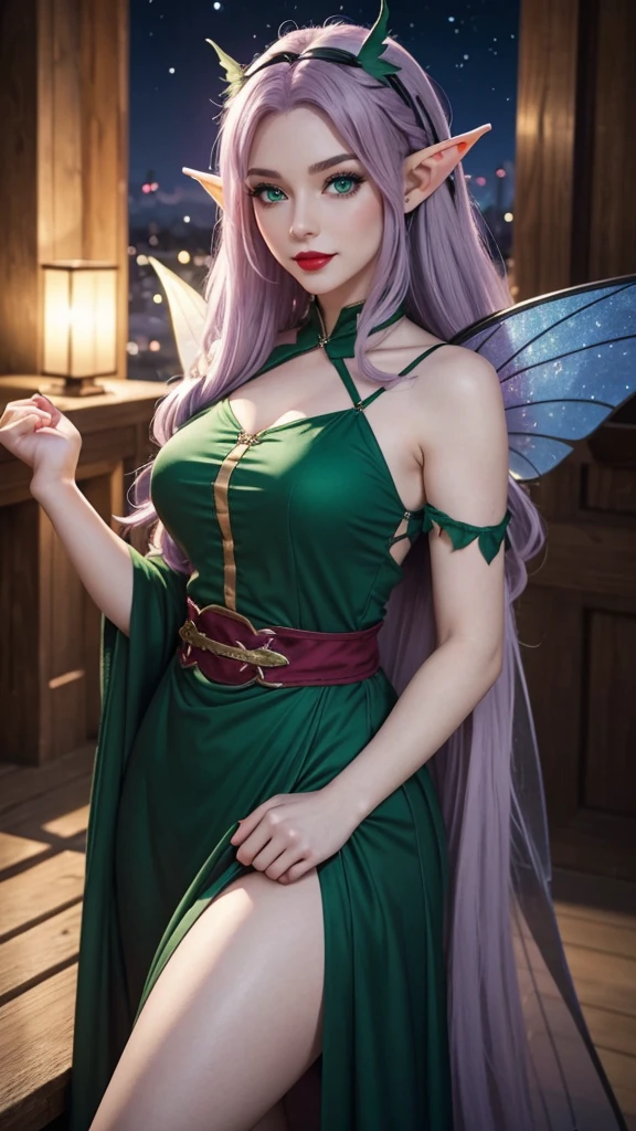 Irish woman, anime, modest, beautiful, high quality, night, 8k, long waist length light pale purple hair, green eyes, red lips, eyelashes, 1700 century dress, elf ears, large fairy wings