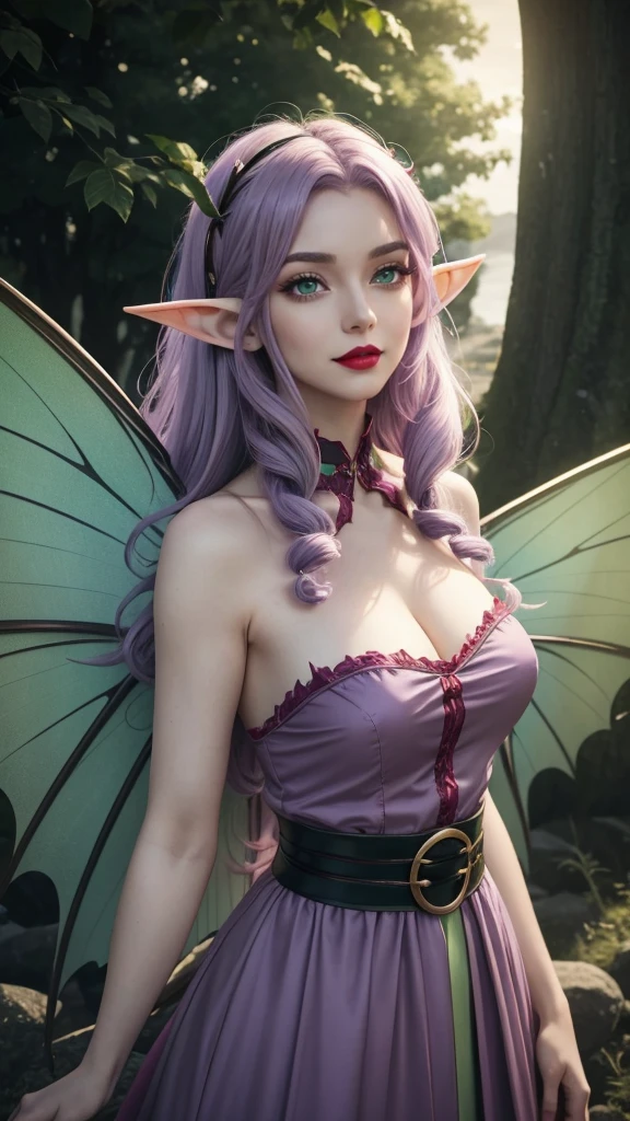 Irish woman, anime, modest, beautiful, high quality, night, 8k, long waist length light pale purple hair, green eyes, red lips, eyelashes, 1700 century dress, elf ears, large fairy wings
