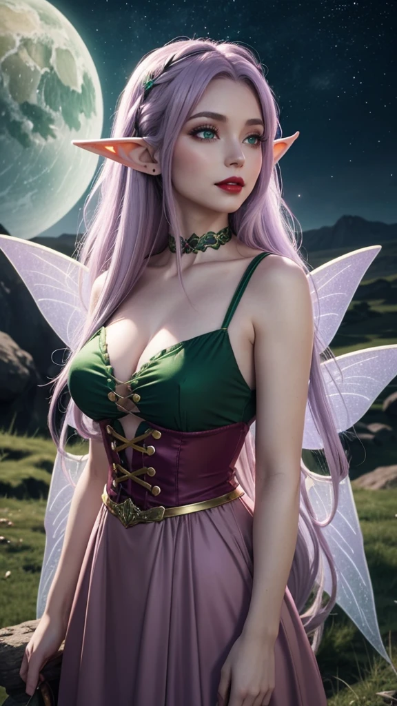 Irish woman, anime, modest, beautiful, high quality, night, 8k, long waist length light pale purple hair, green eyes, red lips, eyelashes, 1700 century dress, elf ears, large fairy wings