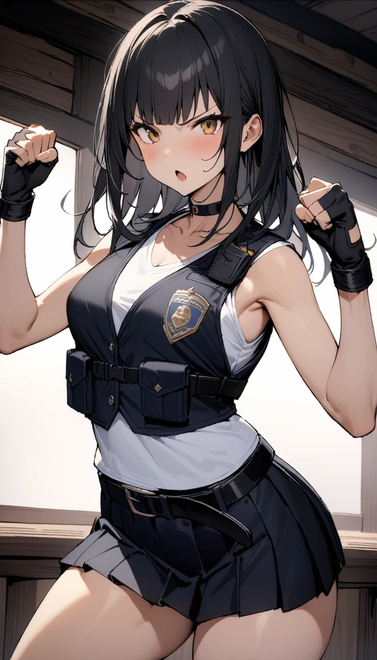 ((Highest quality)), ((masterpiece)), (detailed),cowboy shot , Rin々Policewoman small breasts Mature Woman, ((A black sleeveless police vest layered over a white sleeveless U-neck T-shirt)), Black choker,((clavicle))、Black long hair Blunt bangs black pleated mini skirt black fingerless gloves V-shaped eyebrows Combat Stance Black Belt Clenched fist Old tavern