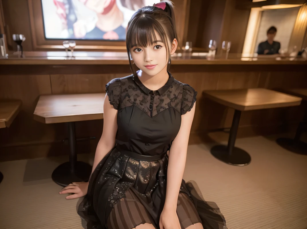 (Highest quality, masterpiece, Ultra-high resolution, 8K, RAW Photos, Realistic, Anatomically correct:1.5), 20-year-old girl:1.2, Embarrassing, avert your eyes, blush:1.0, View Viewer, ((Bar Lounge)) 、Night view、 Light:1.2, Bokeh, Cinema Lighting:1.0, Depth of written boundary, sharp、 Cute face、Idol、Black short sleeve lace top、Black pleated skirt、Black clothing、”dwarf”、(Floral clothes)、(Full Body Shot)、Side angle、Cowboy Shot、 smile、(Ultra short hair、Short ponytail)、(Straight bangs)、((See-through))、(( One Girl))、Large Breasts、