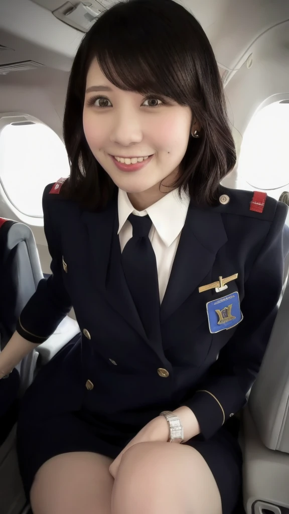 ((masterpiece, best quality)), beautiful 30-year-old Japanese woman (black hair, wavy hair, square face), (small breasts), (curvy, muscular body), (natural skin), (plunging stewardess uniform:1.3), (seductive expression:1.2), (smile), jewelry, dynamic, short skirt, standing, glamorous body, perfect legs, thick legs, beautiful legs, empty passenger plane cabin background, (UHD, 8K wallpaper, High resolution), cinematic lighting, physically-based rendering, award-winning, extremely detailed skin, extra detailed face, high detail eyes, high heels, Carl Zeiss 85 mm F/1.4, by Ellen von Unwerth