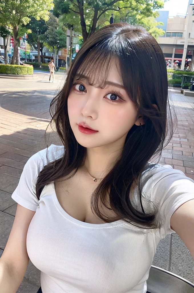 NSFW,(White Skinny T-Shirt, Denim Biggies)、(Big Tits、busty breasts 1.8、valley)、Beauty、double eyelids、Tear bags、Big, round eyes、Long eyelashes)、highest quality、Daytime Park