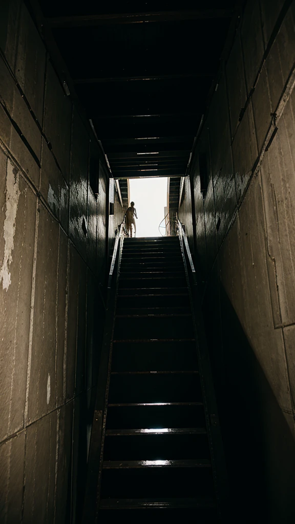 Shadow of chained men descending a ladder into the abyss. 