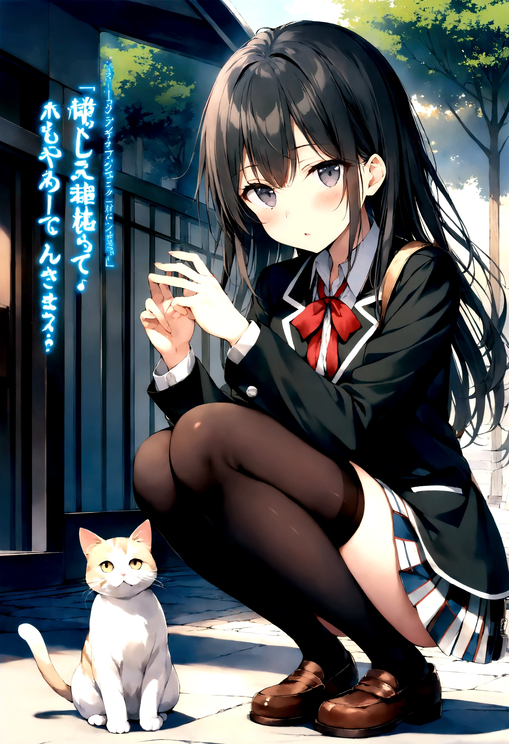 1girl, kotoribako, absurdres, official art, absurdres, yahari ore no seishun lovecome wa machigatteiru., yukinoshita yukino, 1girl, bag, black eyes, black hair, black jacket, black thighhighs, blazer, cat, copyright name, jacket, loafers, long hair, looking at viewer, parted lips, plaid clothes, plaid skirt, pleated skirt, school bag, scenery, shoes, shoulder bag, skirt, sobu high , solo, squatting, thighhighs, ((very aesthetic, best quality, ultra detailed)), rating:safe,