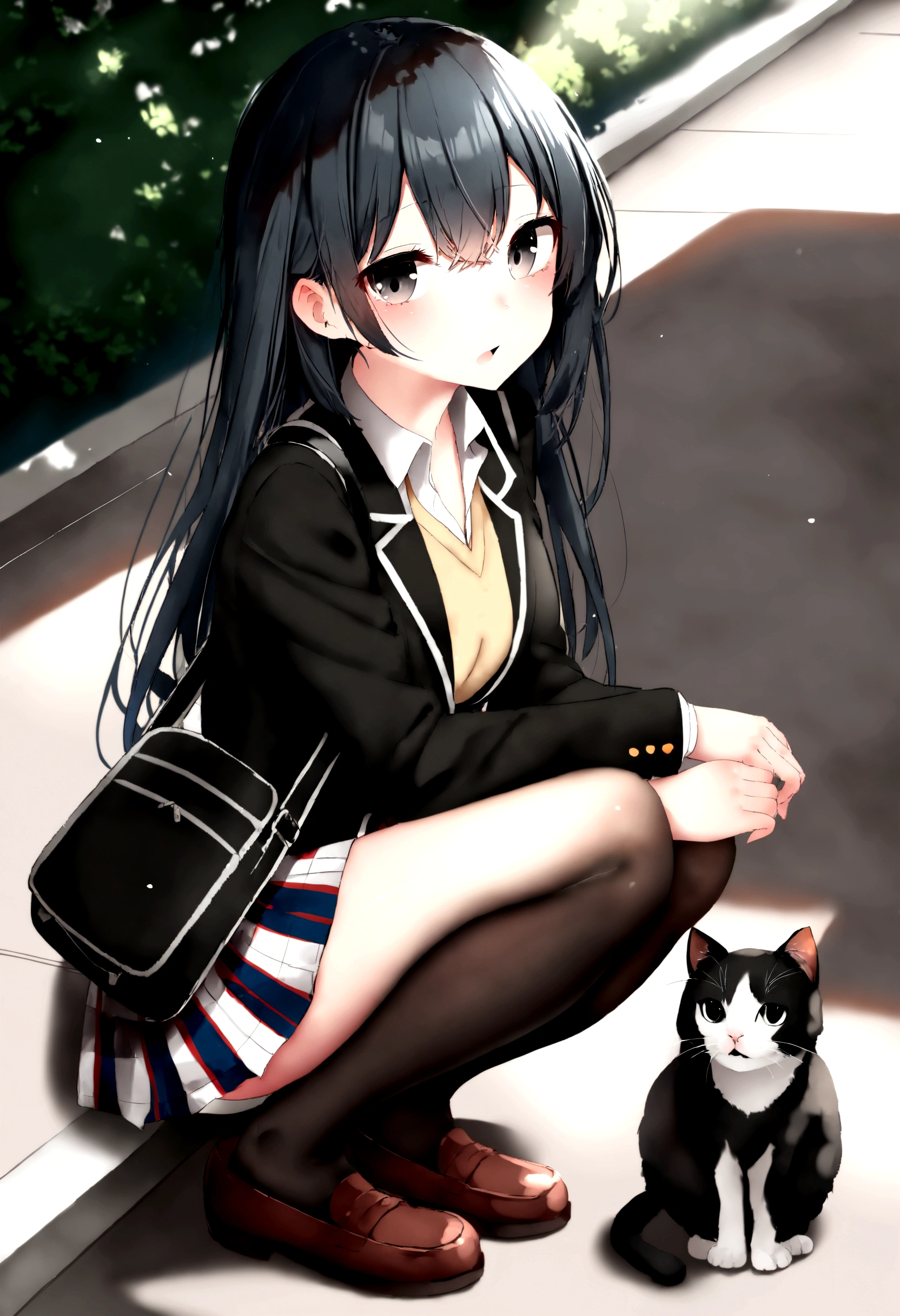 1girl, gweda, absurdres, official art, absurdres, yahari ore no seishun lovecome wa machigatteiru., yukinoshita yukino, 1girl, bag, black eyes, black hair, black jacket, black thighhighs, blazer, cat, copyright name, jacket, loafers, long hair, looking at viewer, parted lips, plaid clothes, plaid skirt, pleated skirt, school bag, scenery, shoes, shoulder bag, skirt, sobu high , solo, squatting, thighhighs, ((very aesthetic, best quality, ultra detailed)), rating:safe,