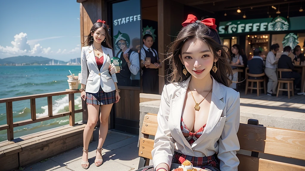 8K、RAW Photos、Highest quality、Super detailed、Super Resolution、Ultra HD、8K壁紙、Amazing details blazer uniform girl ((White blouse with formal collar, Blue Blazer,
Red Check Skirt, Red checkered ribbon on blouse)), Complete limbs, Full Finger,
(((((Starbucks)))))、((((Cafe bench with sea view))))((16 year old female student))、(((((Eat cake、Drink coffee、smile)))))、(((Heart Necklace、Gold bracelet)))
(((Emphasize cleavage)))
((((Full body photo、The whole body is visible、Full body portrait))))