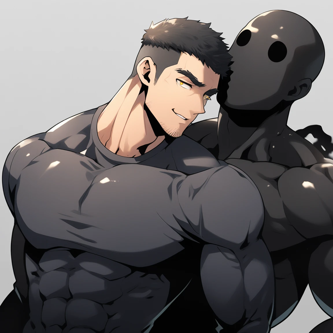 anime characters：Two superheroes in tights, Muscle Sports Student and Muscle No Face No Eyes skinhead superhero, No Face, He spews out a lot of black slime., negro black skin, They hugged and kissed each other, Bite your neck, Caress, Manliness, male focus, Yellow and black high collar long sleeve tight T-shirt, Slightly transparent material, Very tight, Round, full and perky chest muscles, Muscle waist, Slightly transparent, muscular male, muscular, only, Upper body, alone, Black short hair, Thick eyebrows, stubble, Yellow eyes, Grey background, simple background, amazing quality, best aesthetics, Ridiculous, bright pupils, crew cut, parted lips, seductive smile, torogao, naughty face, drop shadow, best quality