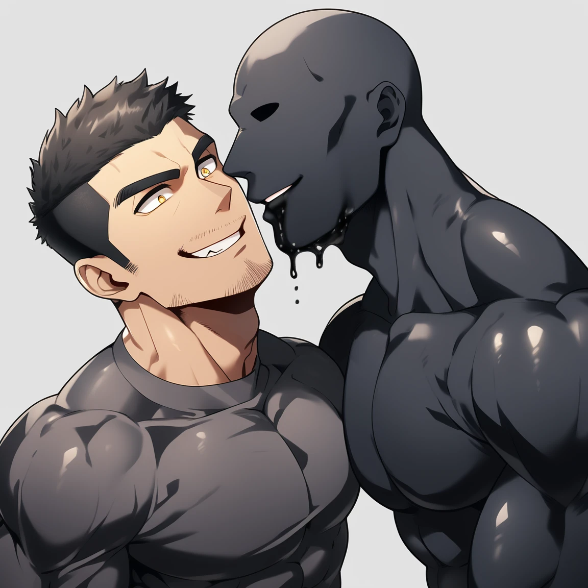 anime characters：Two superheroes in tights, Muscle Sports Student and Muscle No Face No Eyes skinhead superhero, No Face, He spews out a lot of black slime., negro black skin, They hugged and kissed each other, Bite your neck, Caress, Manliness, male focus, Yellow and black high collar long sleeve tight T-shirt, Slightly transparent material, Very tight, Round, full and perky chest muscles, Muscle waist, Slightly transparent, muscular male, muscular, only, Upper body, alone, Black short hair, Thick eyebrows, stubble, Yellow eyes, Grey background, simple background, amazing quality, best aesthetics, Ridiculous, bright pupils, crew cut, parted lips, seductive smile, torogao, naughty face, drop shadow, best quality