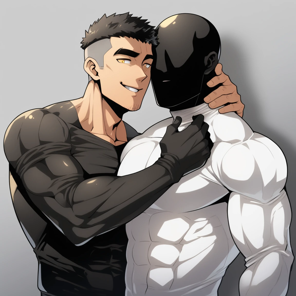 anime characters：Two superheroes in tights, Muscle Sports Student and Muscle No Face No Eyes skinhead superhero, No Face, He spews out a lot of black slime., negro black skin, They hugged and kissed each other, Bite your neck, Caress, Manliness, male focus, Yellow and black high collar long sleeve tight T-shirt, Slightly transparent material, Very tight, Round, full and perky chest muscles, Muscle waist, Slightly transparent, muscular male, muscular, only, Upper body, alone, Black short hair, Thick eyebrows, stubble, Yellow eyes, Grey background, simple background, amazing quality, best aesthetics, Ridiculous, bright pupils, crew cut, parted lips, seductive smile, torogao, naughty face, drop shadow, best quality