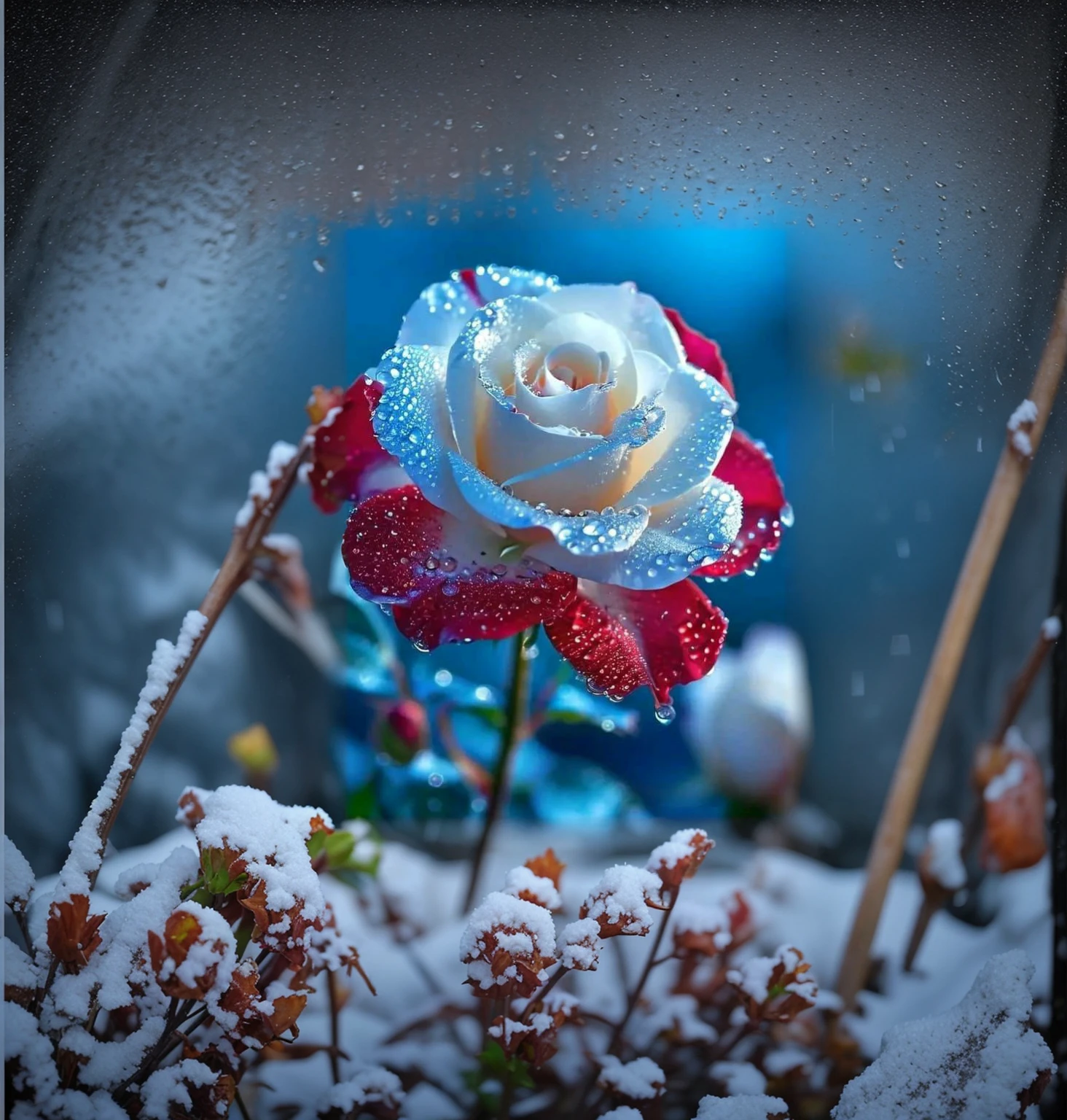 Flowers with snow in rain