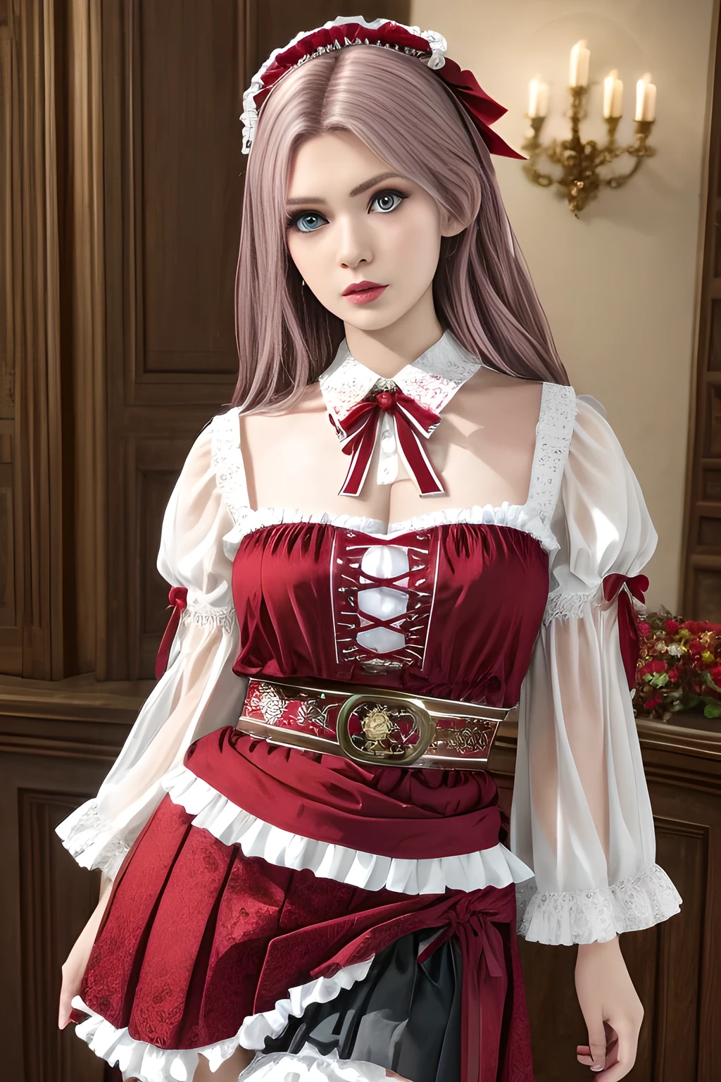 1girl,wearing a traditional-style outfit with a rich historical and folk-inspired aesthetic. Her white blouse features ruffled details and intricate embroidery, with red and white striped sleeves and ribbon embellishments on the upper arms. The red skirt is adorned with pleats and lace trims, and a brown belt with floral decorations and tassels wraps around her waist, adding a touch of authenticity to the look. The overall outfit exudes a sense of timeless charm and cultural heritage, ,beautiful detailed eyes, beautiful detailed lips, extremely detailed eyes and face, long eyelashes, (best quality,4k,8k,highres,masterpiece:1.2), ultra-detailed, (realistic,photorealistic,photo-realistic:1.37), sharp focus, vivid colors, HDR, studio lighting, physically-based rendering,elise