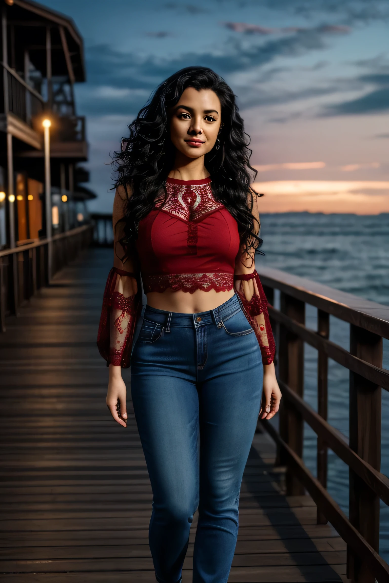 woman, long curly black hair, red lace top, blue denim pants, wide hips, thick legs, full body, looking at the camera, at night, on a boardwalk with an ocean view, photorealistic