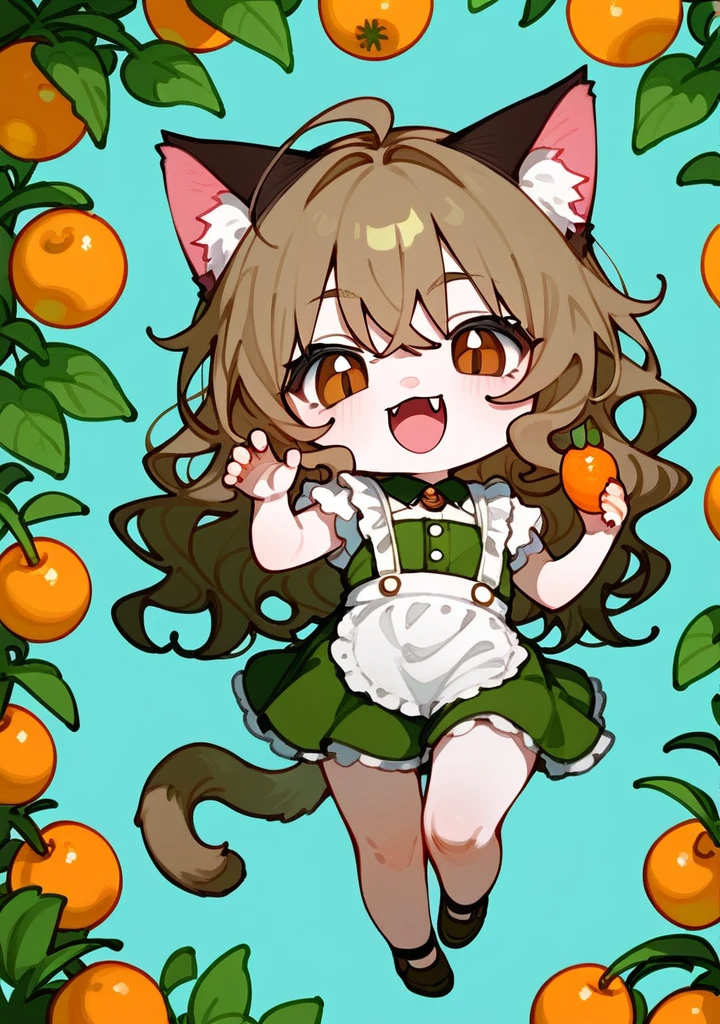 chibi drawing, girl,  A pretty woman, long black wavy hair, Brown eyes, gardener  clothes, cat ears and tail, fangs, surrounded by different fruits 