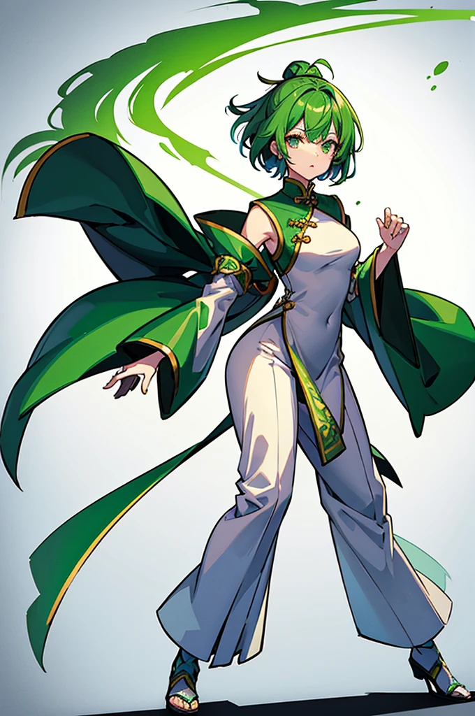 Green Hair、Her hair is short、small breast、upright stance、full body、Fighter、male、Uniform、Chinese Knight、Chinese style、White background、No exposure、China dress、pants、band、front、White clothes、Kung Fu