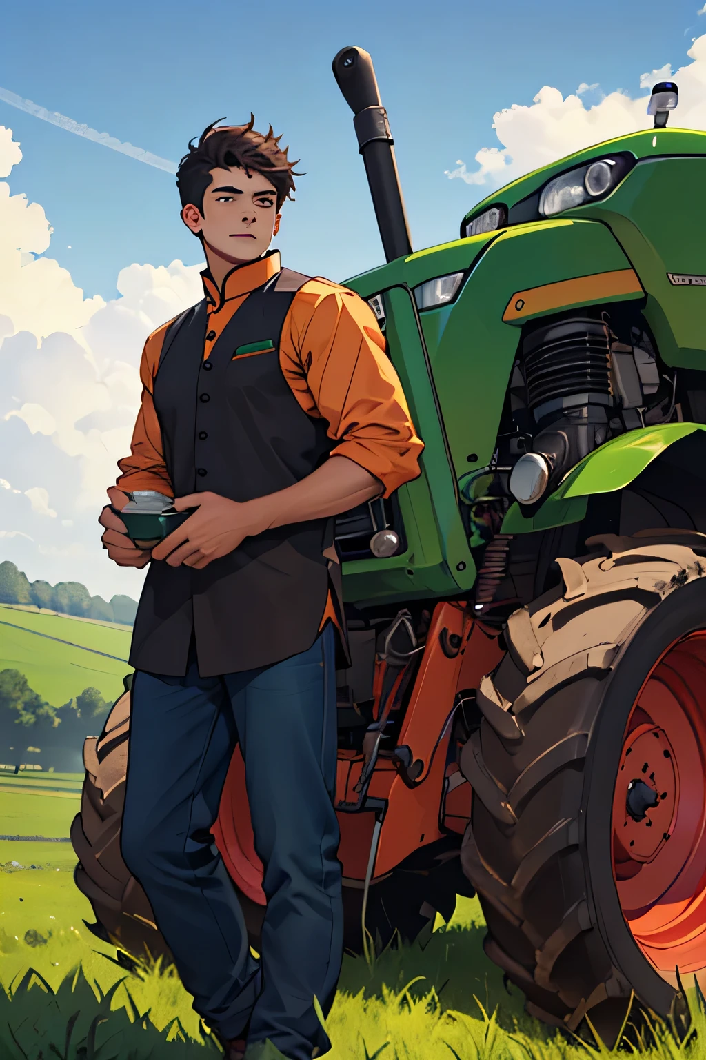 A confident young man, bright future, farmer, tractor, indian tractor, shit on tractor,  john deere, indian cloth kurta, indian village