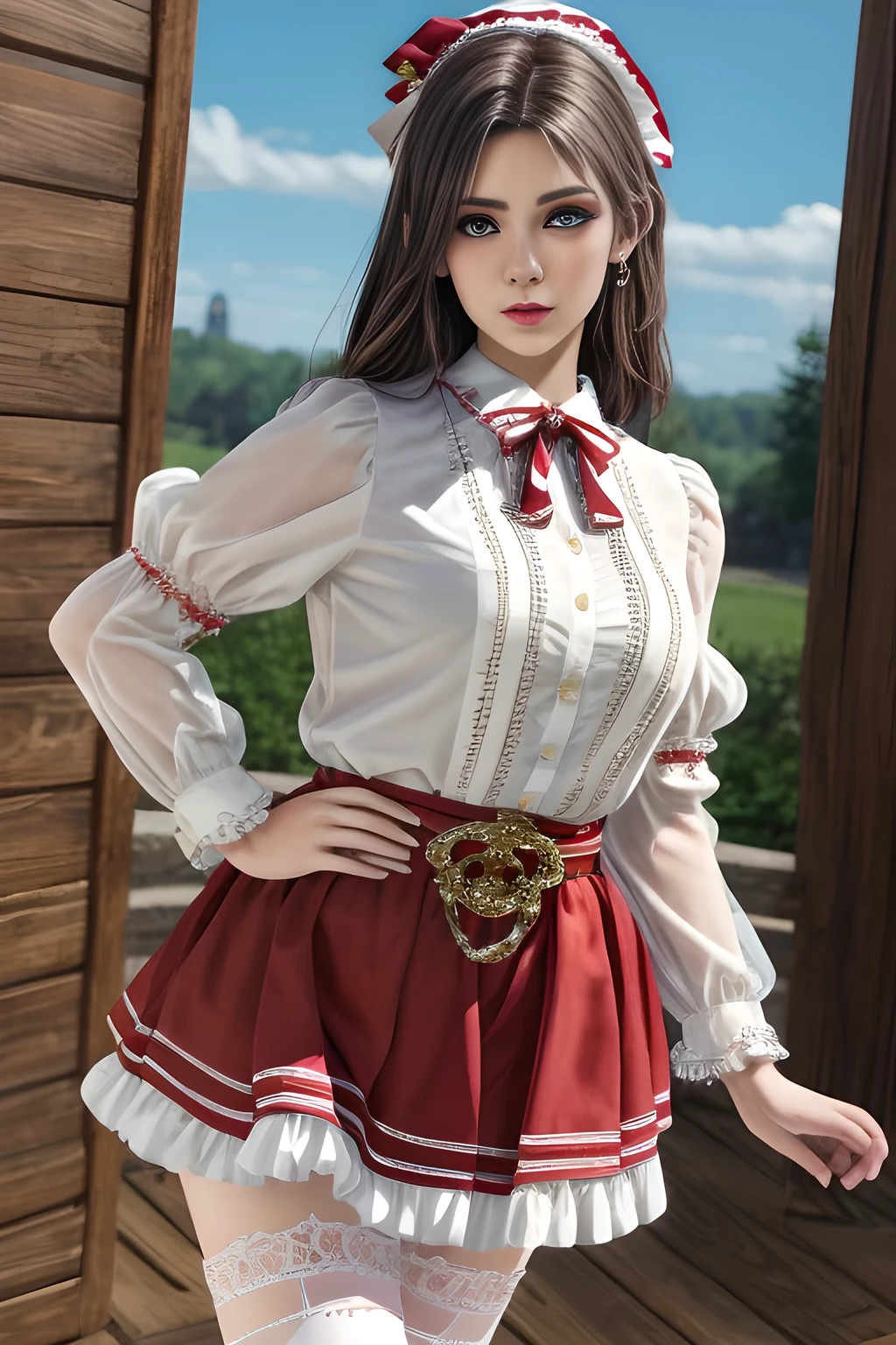 1girl,wearing a traditional-style outfit with a rich historical and folk-inspired aesthetic. Her white blouse features ruffled details and intricate embroidery, with red and white striped sleeves and ribbon embellishments on the upper arms. The red skirt is adorned with pleats and lace trims, and a brown belt with floral decorations and tassels wraps around her waist, adding a touch of authenticity to the look. The overall outfit exudes a sense of timeless charm and cultural heritage, ,beautiful detailed eyes, beautiful detailed lips, extremely detailed eyes and face, long eyelashes, (best quality,4k,8k,highres,masterpiece:1.2), ultra-detailed, (realistic,photorealistic,photo-realistic:1.37), sharp focus, vivid colors, HDR, studio lighting, physically-based rendering,elise