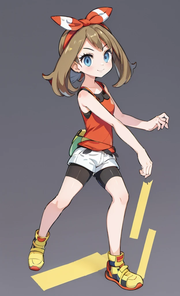 masterpiece,Highest quality,1 Girl,alone,Pokémon-like art style,(bold:1.6),(flat:1.5), may \(pokemon\), red shirt, tank top, headband, bow, white shorts, bike shorts under shorts, smile, sitting, yellow footwear, full body 