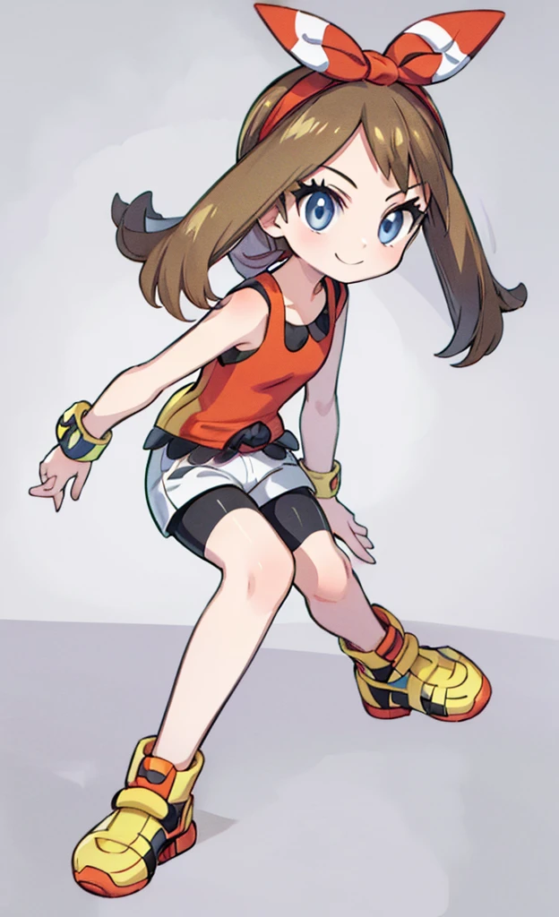 masterpiece,Highest quality,1 Girl,alone,Pokémon-like art style,(bold:1.6),(flat:1.5), may \(pokemon\), red shirt, tank top, headband, bow, white shorts, bike shorts under shorts, smile, sitting, yellow footwear, full body 