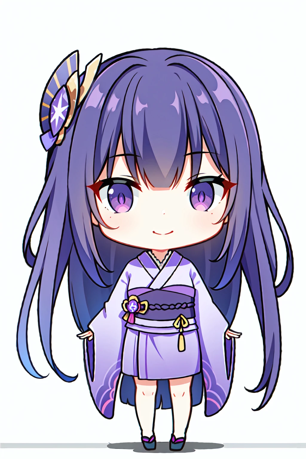 (masterpiece, best quality, highres, 8k:1.3),   1girl, solo, long hair, One braid hair, (purple hair:1.1), Hair ornament, purple eyes, purple kimono, standing, chibi, smile, detail color, detail skin Cristal, Glowing skin,