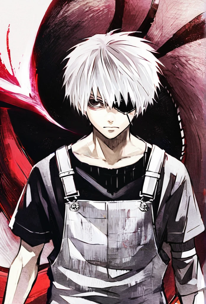 ```
ken kaneki, Tokyo Ghoul, white hair, black outfit, eyepatch, half-ghoul, serious expression, red kakugan eye, kagune tentacles, detailed face, high quality、Overall view、Uplifting、Cold-like calm everyday life

```