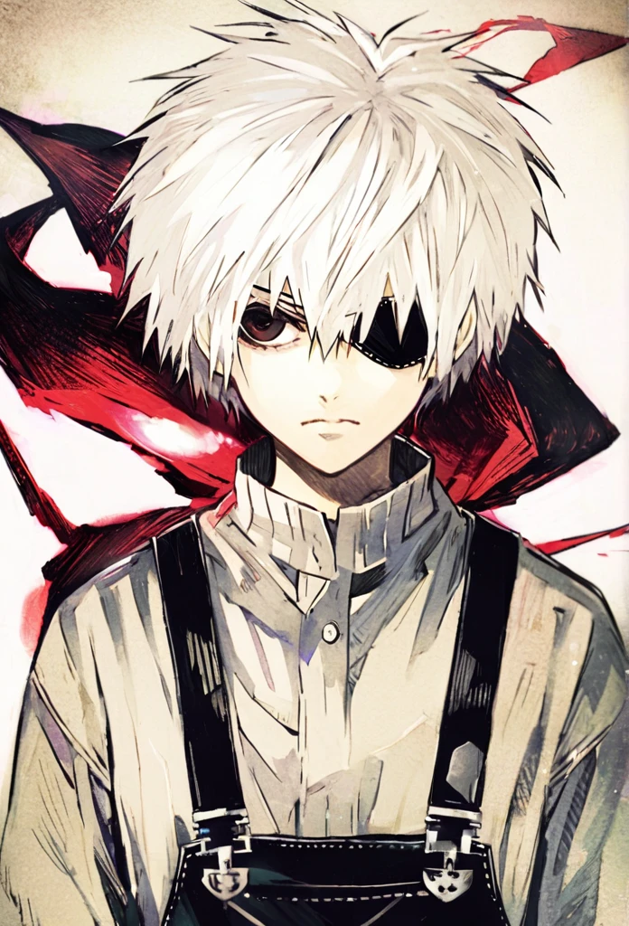 ```
ken kaneki, Tokyo Ghoul, white hair, black outfit, eyepatch, half-ghoul, serious expression, red kakugan eye, kagune tentacles, detailed face, high quality、Overall view、Uplifting、Cold-like calm everyday life

```