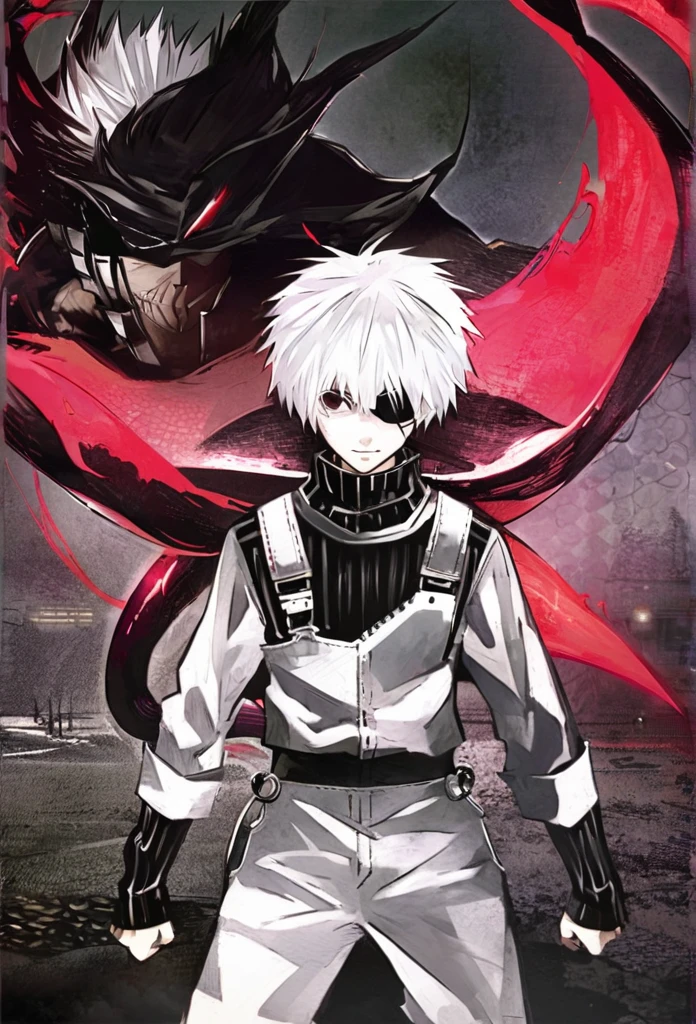 ```
ken kaneki, Tokyo Ghoul, white hair, black outfit, eyepatch, half-ghoul, serious expression, red kakugan eye, kagune tentacles, detailed face, high quality、Overall view、Uplifting、Cold-like calm everyday life

```