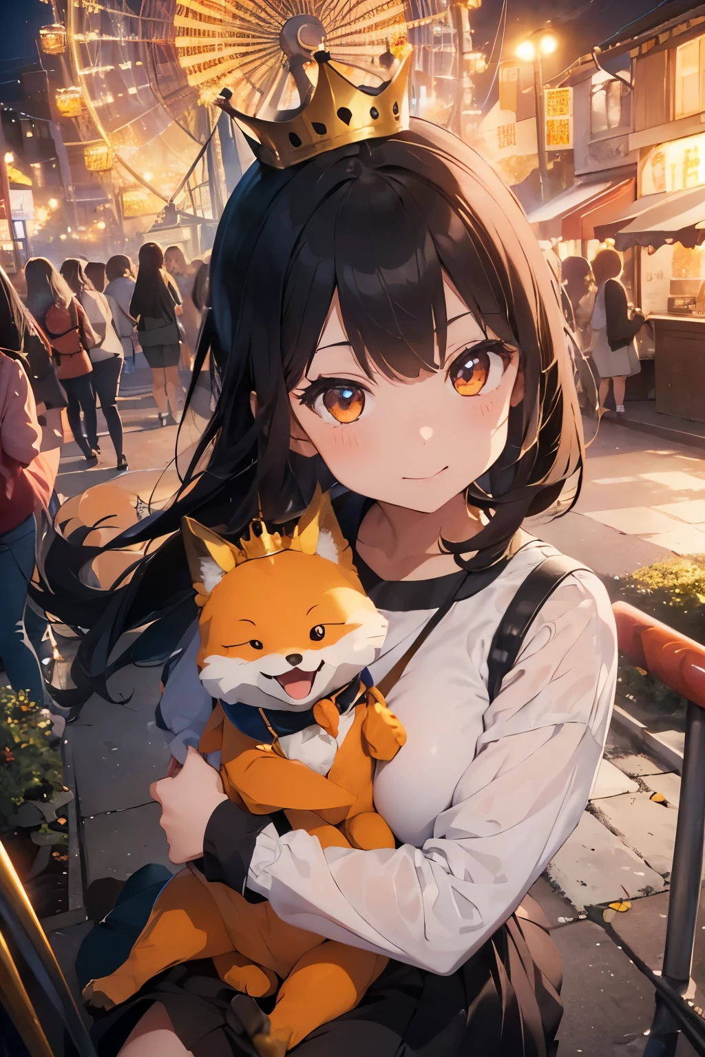 (Masterpiece, Best Quality, Ultra-detailed), (A captivating face), I am a black-haired girl, (Wearing a simple yet stylish outfit), With a fat orange little fox sitting on my shoulder, (The fox has a playful expression and seems to be enjoying the ride), We are at the playground, (The playground is vibrant and filled with laughter and joy), (The Ferris wheel is the center of attraction, painted in bright colors), (From a bird's eye view), (The ferris wheel is in motion, slowly ascending and descending), (The lights are twinkling, creating a magical atmosphere), (The crowns on the
