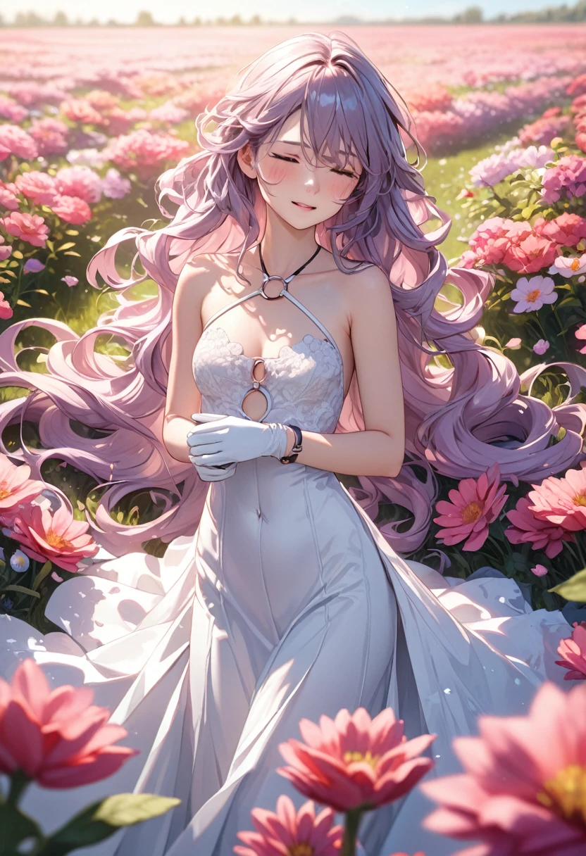 NSFW , ultra detailed, hyper detailed, best quality, highres, 4K, field of flowers, girl, puzzled, happy, , shy, very long hair, wave hair, gradient hair, tall, slender, (o-ring), gloves, dappled sunlight