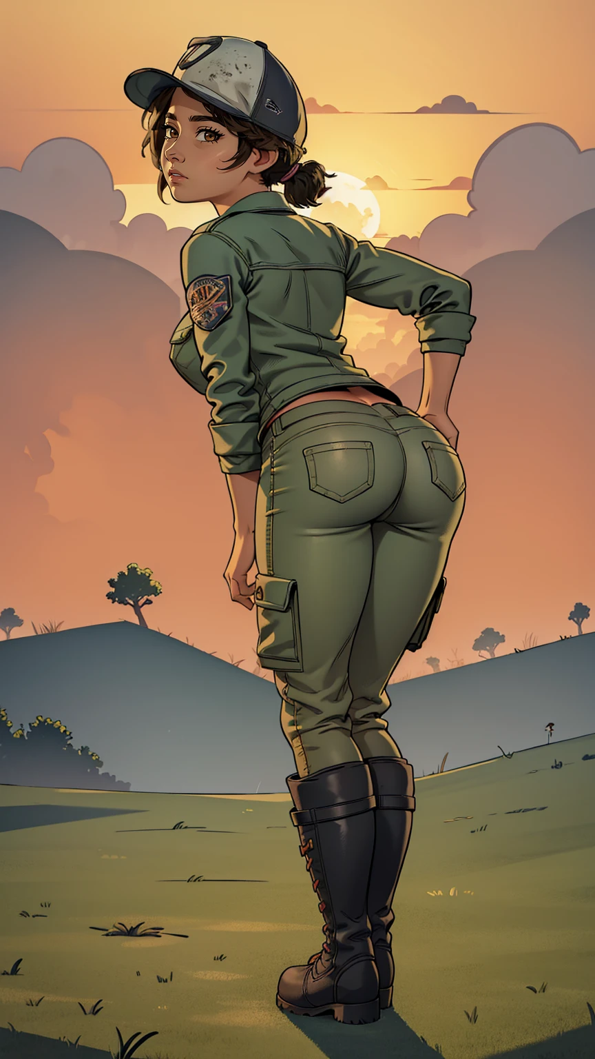 ((masterpiece, best quality)),(complex lighting) ,solo,(((1girl))) ,clementine, light skin,light-skinned female, baseball cap, green cargo pants, brown eyes, tight pants, combat boots, shirt, short hair, one short ponytail, open denim jacket, huge butt, thicc butt , (((8k))), (((full body))), (((bent over))), (((looking at the viewer))), cameltoe