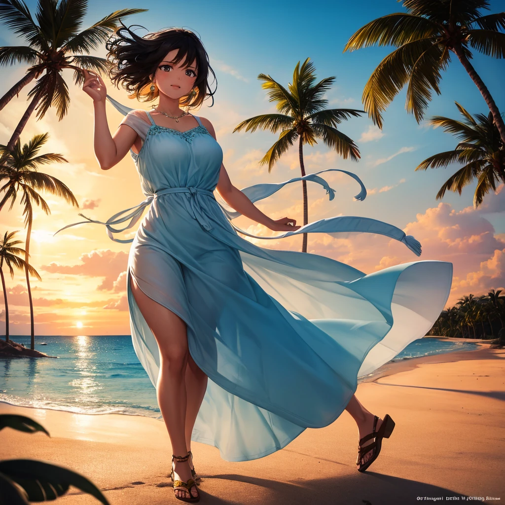 A photorealistic image of a South Asian woman in her 40s with short, dark hair dancing on a beautiful beach with white sand and clear blue water. Palm trees sway gently in the background. She is dressed in a flowy sundress (or beach appropriate clothing) and has a joyful expression on her face. Her arms are raised and her hair flows freely in the breeze. The style is bright and colorful, capturing the energy and fun of the moment.