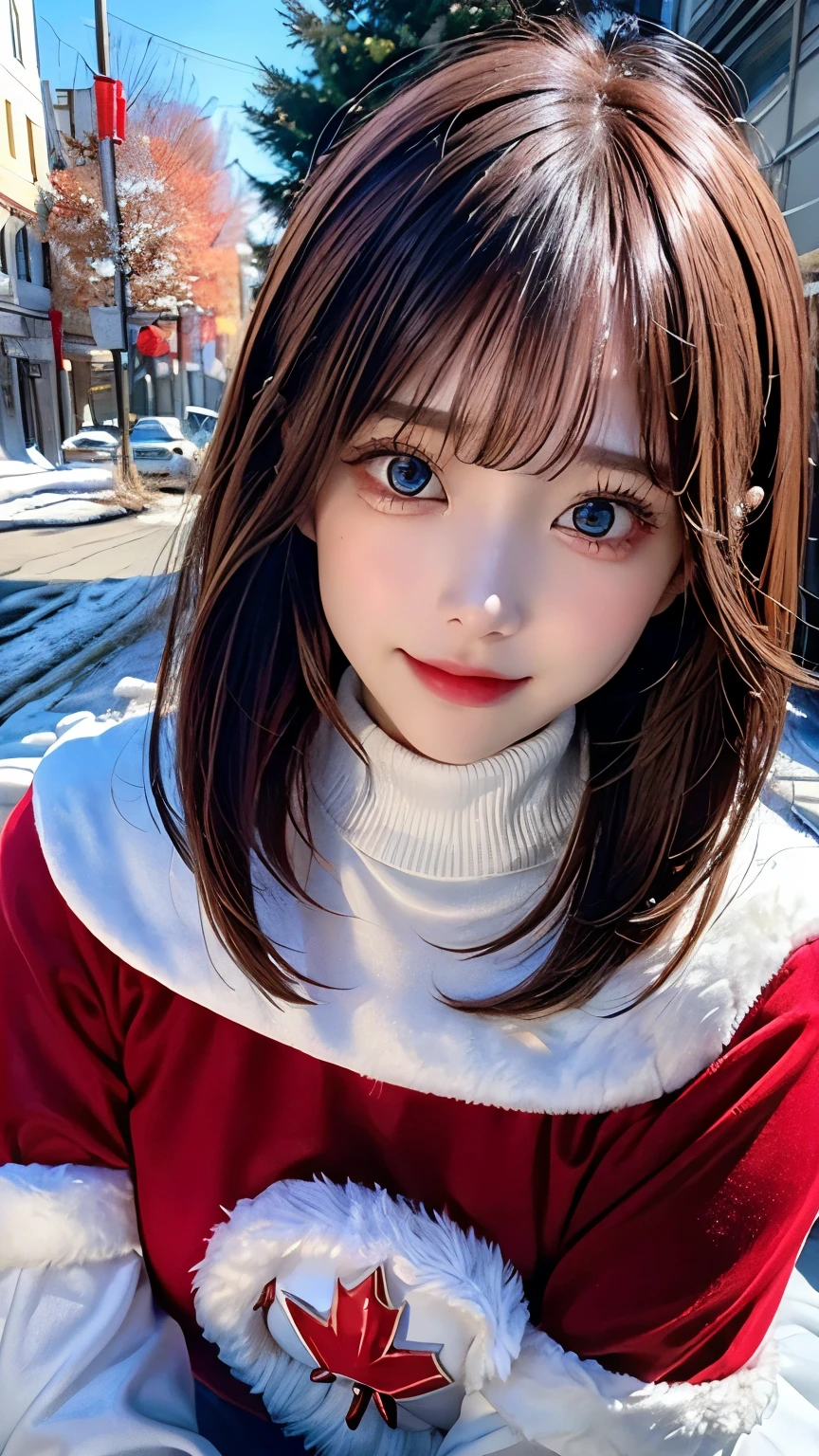 (masutepiece:1.4, top-quality、Very attractive adult beauty with a very cute smile:1.4、Add intense highlights to the eyes:1.4、Look firmly at the camera、Beautiful woman full of adult charm:1.4),1girl in, solo, Light brown shiny hair, muffler,Santa Claus hat:1.4,realisitic, looking at the viewers, Bright colored crystal light blue eyes:1.4, short shiny hair, Santa Claus Starneck Knit、 Red and white costume of Santa Claus in a turtleneck with a round hole in the center of the chest:1.4,Sexy red and white turtleneck knit sweater with round hole in the center of chest:1.4、 s lips, Lip Gloss:1.4,bangss, The upper part of the body、big eye、Lashes、The face is a little red:1.4、Embarrassing)、((Canada's tree-lined streets in winter:1.4))、((Brunette short bob hair with bangs、big eye、Put very strong highlights in your students:1.4、{gigantic|Big|Huge|mega} breasts:1.4、very Bigger breasts、gazing at viewer、Very beautiful beauty、Put your ears out:1.4、long neck:1.4、little smiling、Beautiful teeth、Open your mouth and smile:1.4))、28 year old:1.4、Very cute supermodel:1.4、