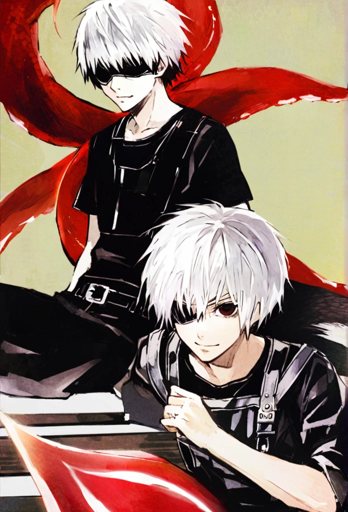 ```
ken kaneki, Tokyo Ghoul, white hair, black outfit, eyepatch, half-ghoul, serious expression, red kakugan eye, kagune tentacles, Smile High Quality、Overall view、Uplifting、Peaceful everyday life、Inside the cafe、Sitting
```