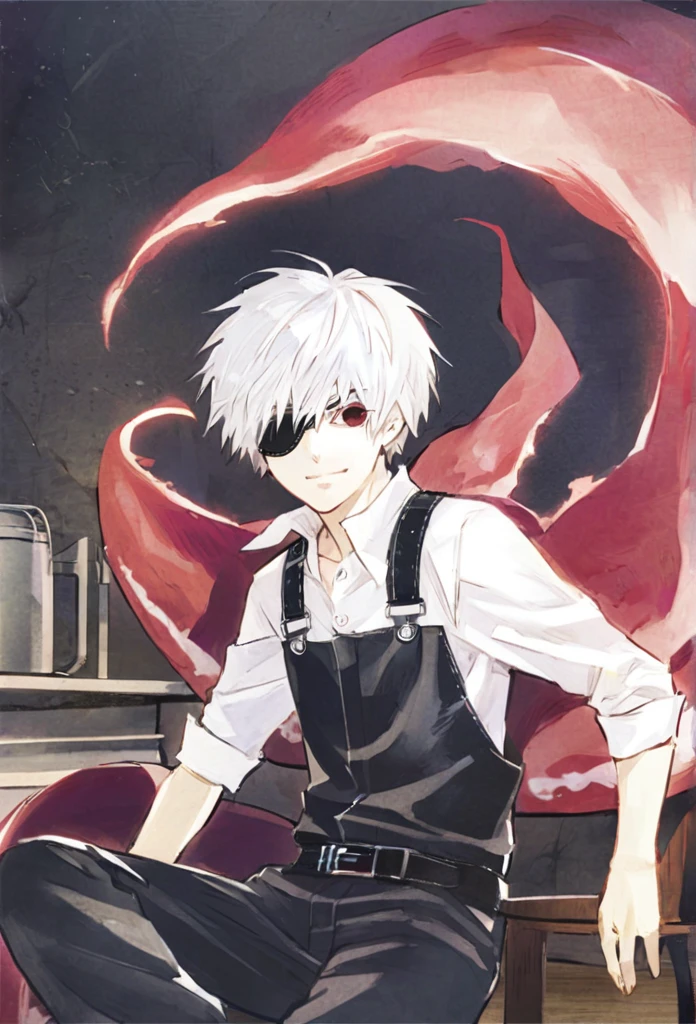 ```
ken kaneki, Tokyo Ghoul, white hair, black outfit, eyepatch, half-ghoul, serious expression, red kakugan eye, kagune tentacles, Smile High Quality、Overall view、Uplifting、Peaceful everyday life、Inside the cafe、Sitting

```