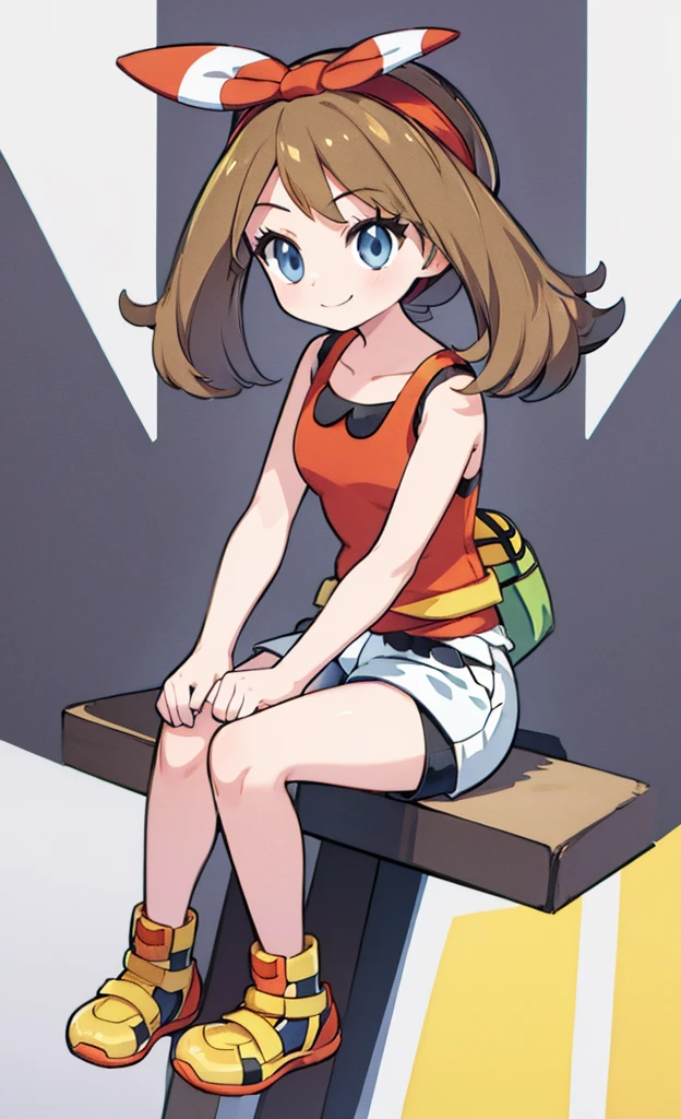 masterpiece,Highest quality,1 Girl,alone,Pokémon-like art style, may \(pokemon\), red shirt, tank top, headband, bow, white shorts, bike shorts under shorts, smile, sitting, yellow footwear, full body 