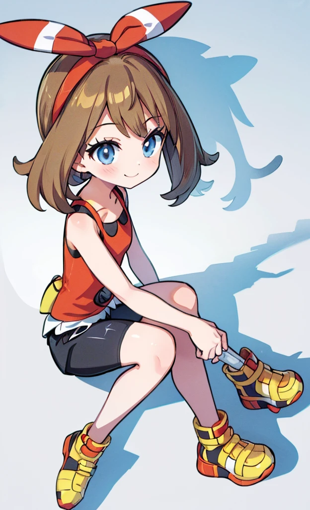 masterpiece,Highest quality,1 Girl,alone,Pokémon-like art style, may \(pokemon\), red shirt, tank top, headband, bow, white shorts, bike shorts under shorts, smile, sitting, yellow footwear, full body 