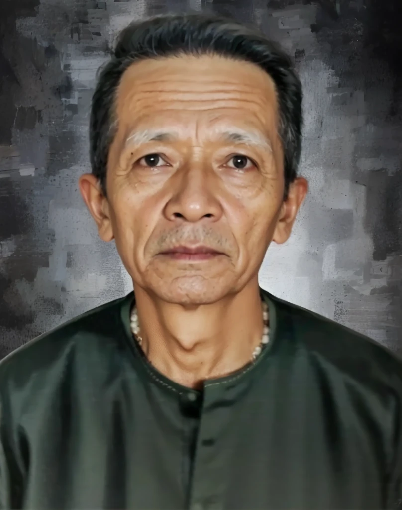 A realistis indonesian man face age 70 years wear a green muslim shirt,ultra hd 8k