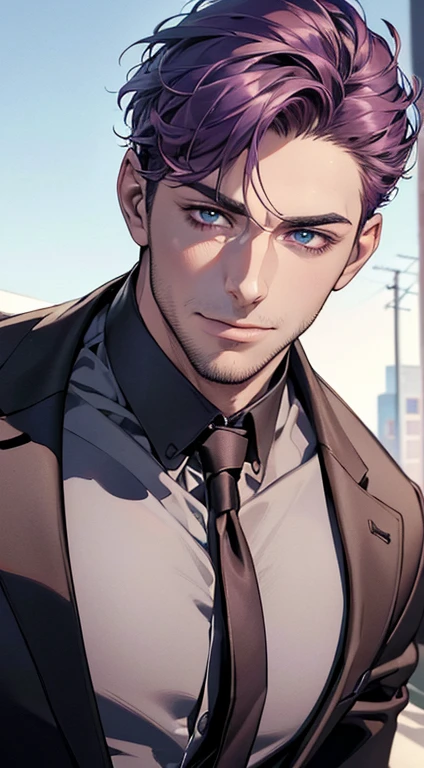 (best quality,4k,8k,highres,masterpiece:1.2),ultra-detailed,(realistic,photorealistic,photo-realistic:1.37),1 man,31 years old,mature man,very handsome,without expression,smile,short purple hair,blue eyes,penetrating gaze,perfect face without errors,imposing posture,businessman,office background,cinematic lighting,hdr image