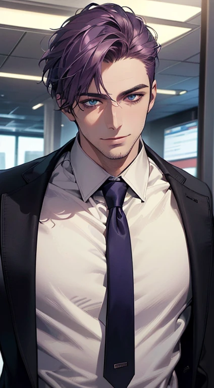 (best quality,4k,8k,highres,masterpiece:1.2),ultra-detailed,(realistic,photorealistic,photo-realistic:1.37),1 man,31 years old,mature man,very handsome,without expression,smile,short purple hair,blue eyes,penetrating gaze,perfect face without errors,imposing posture,businessman,office background,cinematic lighting,hdr image
